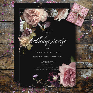 Dark Moody Pastel Opulent Floral Black Birthday Invitation