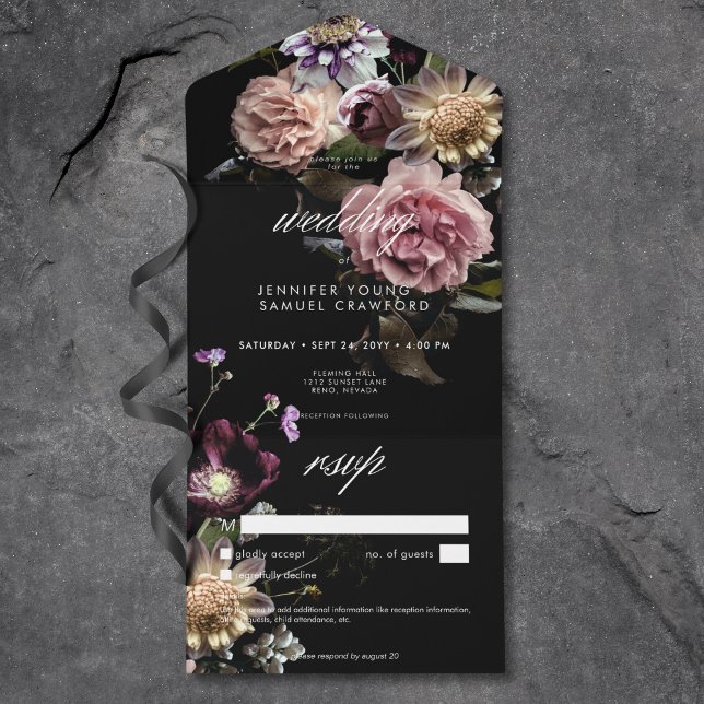 Dark Moody Pastel Opulent Floral Black Dinner All In One Invitation (Dark Moody Pastel Opulent Floral Black Dinner All In One Invitation)