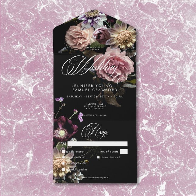 Dark Moody Pastel Opulent Floral Black Dinner All In One Invitation (Dark Moody Pastel Opulent Black Floral Details All In One Invitation)