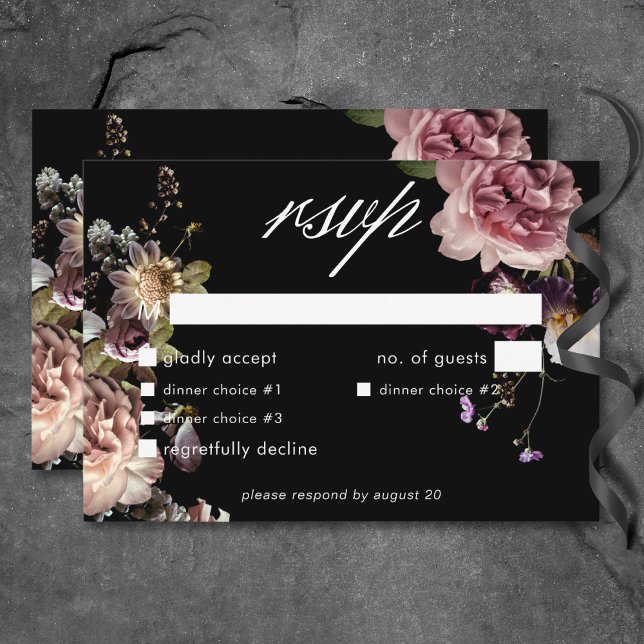 Dark Moody Pastel Opulent Floral Black Dinner RSVP Card (Dark Moody Pastel Opulent Floral Black Dinner RSVP Card)