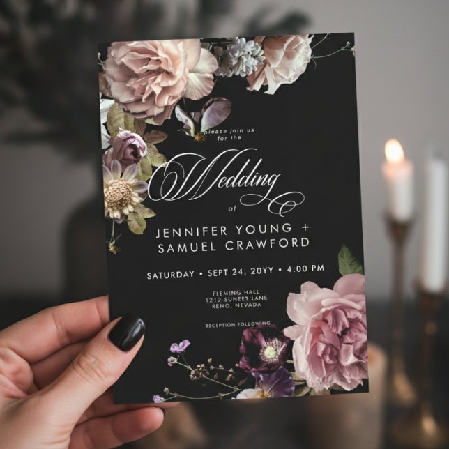 Dark Moody Pastel Opulent Floral Black Wedding Invitation (Creator Uploaded)