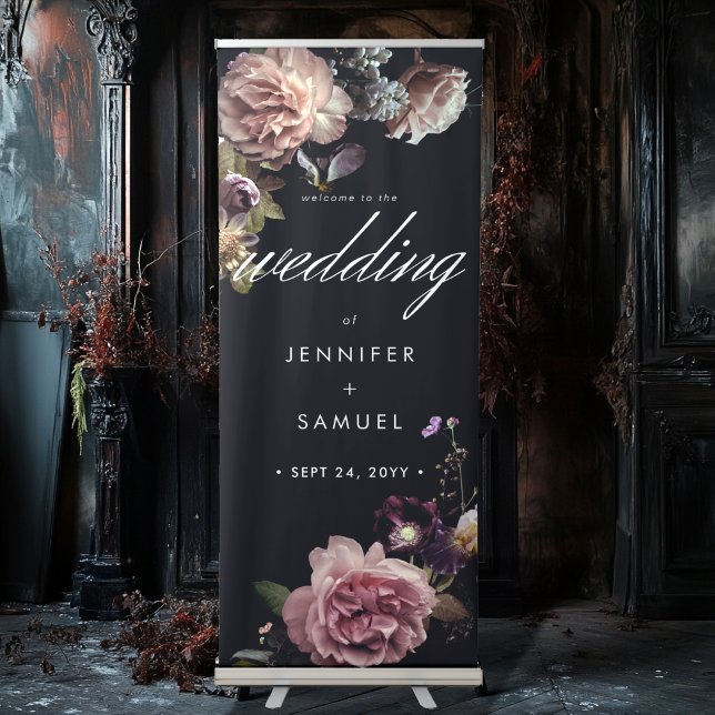 Dark Moody Pastel Opulent Floral Black Wedding Retractable Banner (Creator Uploaded)