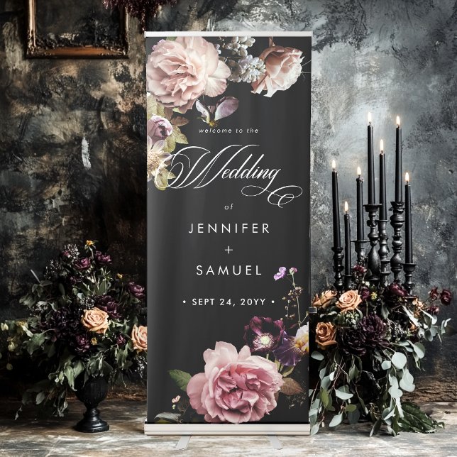 Dark Moody Pastel Opulent Floral Black Wedding Retractable Banner (Creator Uploaded)