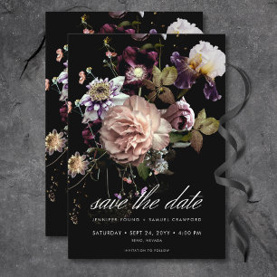 Dark Moody Pastel Opulent Floral Black Wedding Save The Date