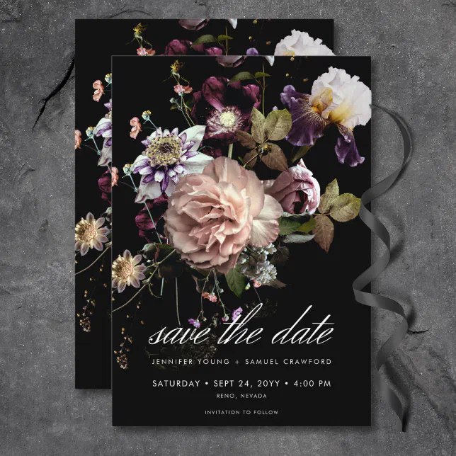 Dark Moody Pastel Opulent Floral Black Wedding Save The Date | Zazzle
