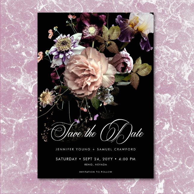 Dark Moody Pastel Opulent Floral Black Wedding Save The Date (Dark Moody Pastel Opulent Floral Black Wedding Save The Date)