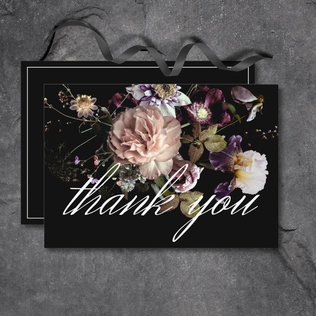Dark Moody Pastel Opulent Floral Black Wedding Thank You Card (Dark Moody Pastel Opulent Floral Black Wedding Thank You Card)