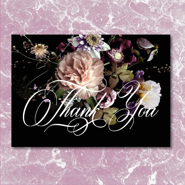 Dark Moody Pastel Opulent Floral Black Wedding Thank You Card (Dark Moody Pastel Opulent Floral Black Wedding Thank You)