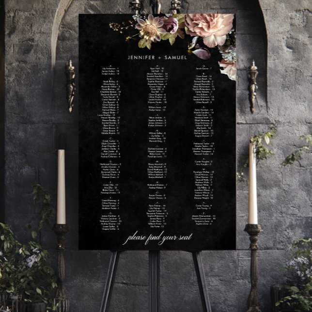 Dark Moody Pastel Opulent Floral Wedding Seating Foam Board (Creator Uploaded)