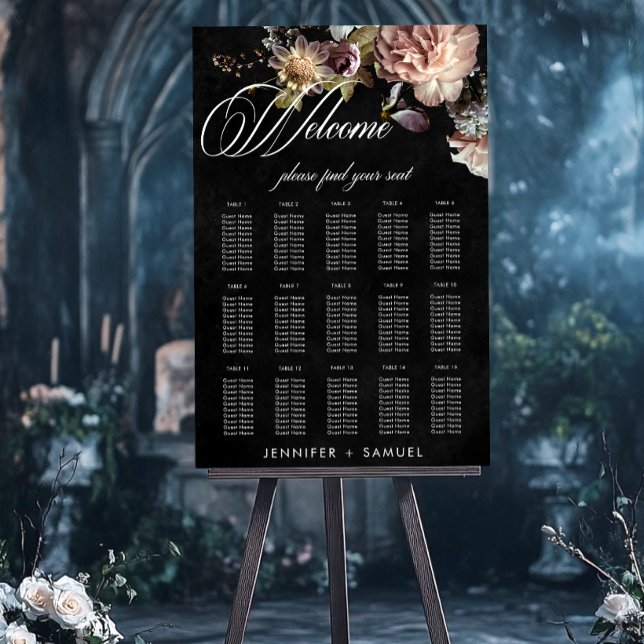 Dark Moody Pastel Opulent Floral Wedding Seating Foam Board (Creator Uploaded)