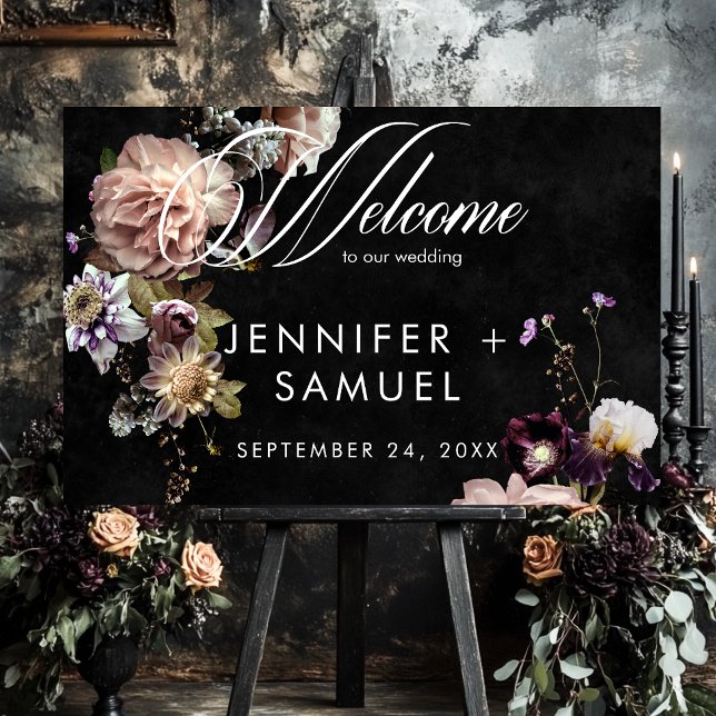 Dark Moody Pastel Opulent Floral Wedding Welcome Foam Board (Creator Uploaded)