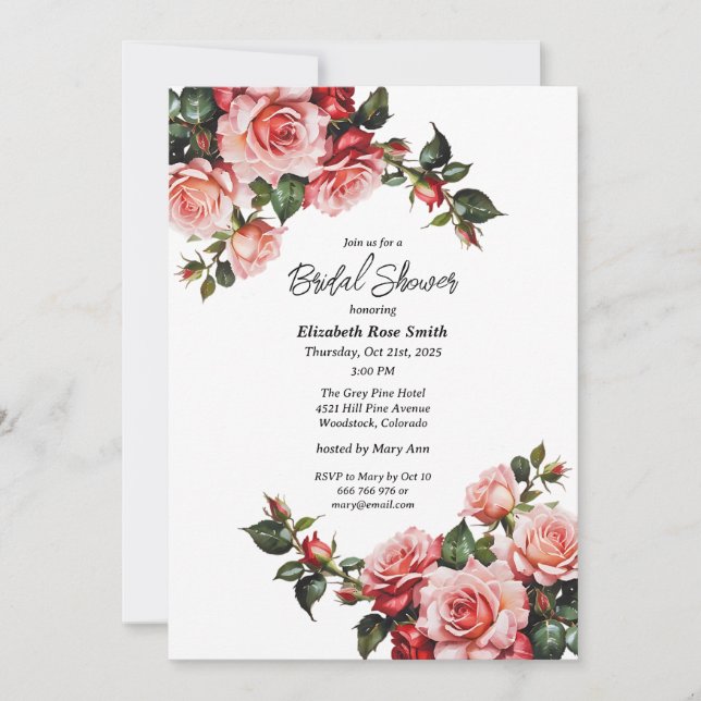 Dark moody pink and red roses bridal shower invitation (Front)