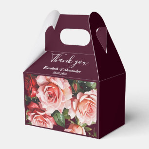 Dark moody pink and red roses burgundy wedding favor boxes