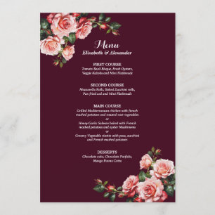 Dark moody pink and red roses burgundy  wedding menu
