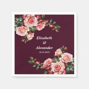 Dark moody pink and red roses burgundy wedding  napkins
