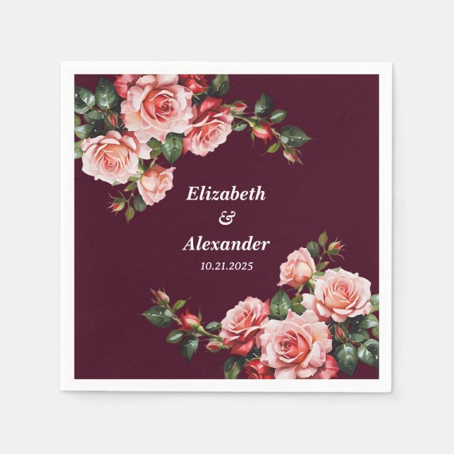 Dark moody pink and red roses burgundy wedding  napkins (Front)