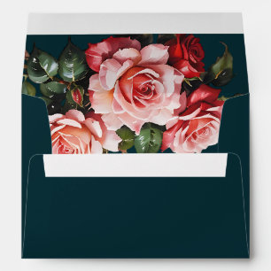 Dark moody pink and red roses floral wedding envelope