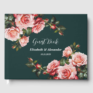 Dark moody pink and red roses green wedding guest book