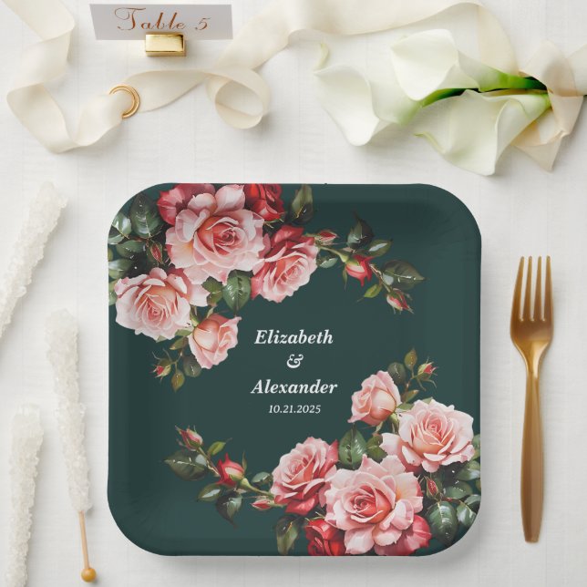 Dark moody pink and red roses green wedding paper plates (Wedding)