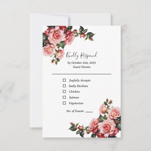 Dark moody pink and red roses green wedding RSVP card (Front)