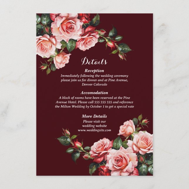 Dark moody pink and red roses maroon wedding enclosure card (Front)