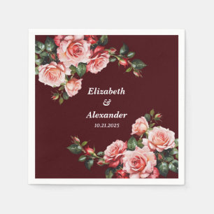 Dark moody pink and red roses maroon wedding napkins