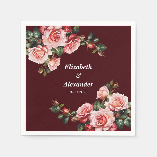 Dark moody pink and red roses maroon wedding napkins (Front)