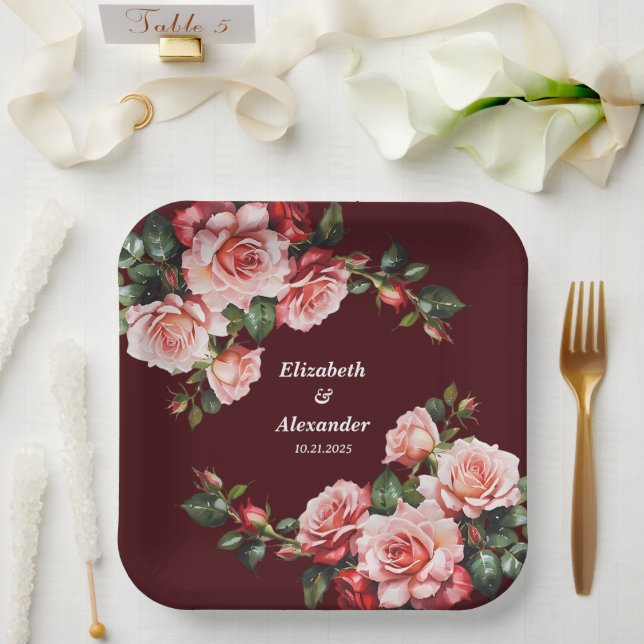 Dark moody pink and red roses maroon wedding paper plates (Wedding)