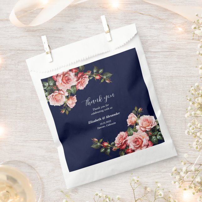 Dark moody pink and red roses navy blue  wedding favor bag (Clipped)
