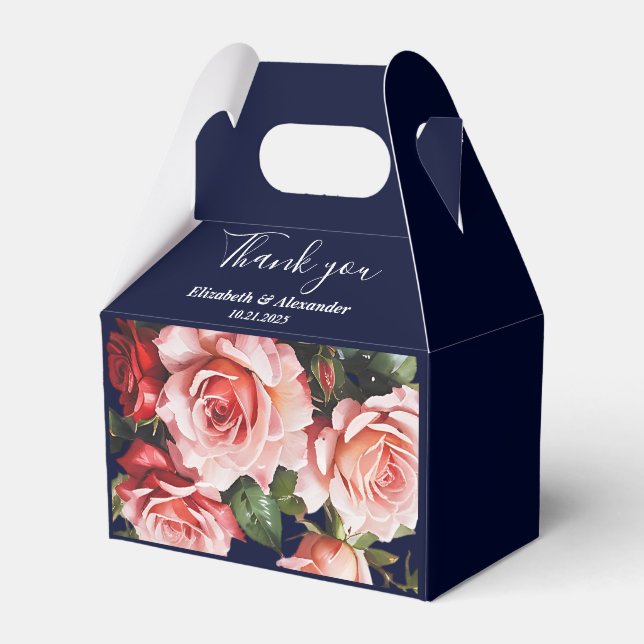 Dark moody pink and red roses navy blue wedding  favor boxes (Front Side)