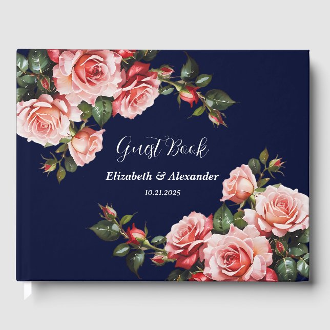 Dark moody pink and red roses navy blue wedding guest book (Front)
