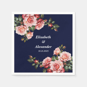 Dark moody pink and red roses navy blue wedding  napkins