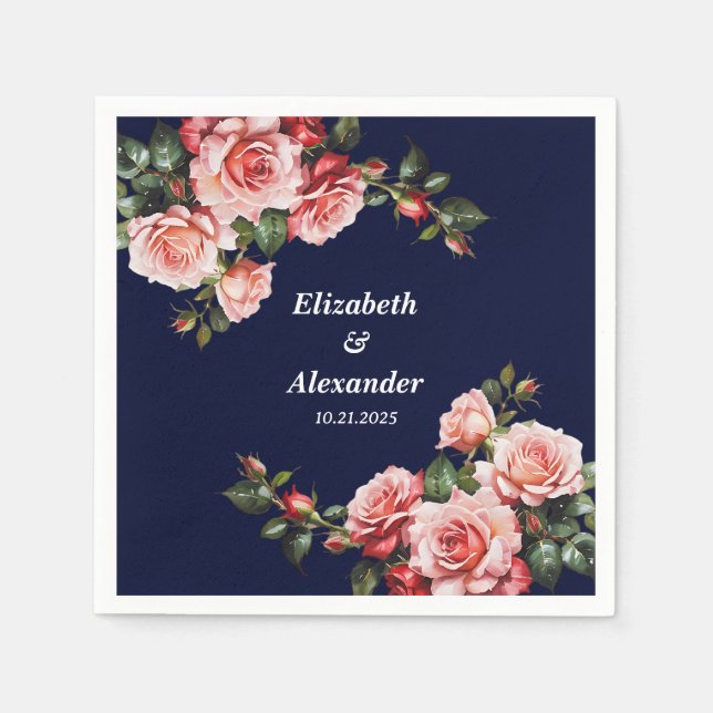 Dark moody pink and red roses navy blue wedding  napkins (Front)