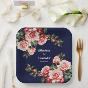 Dark moody pink and red roses navy blue wedding paper plates
