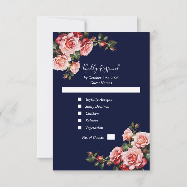 Dark moody pink and red roses navy blue wedding RSVP card (Front)