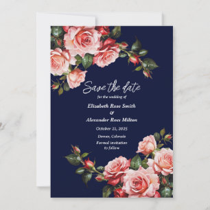 Dark moody pink and red roses navy blue wedding save the date