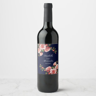 Dark moody pink and red roses navy blue wedding wine label