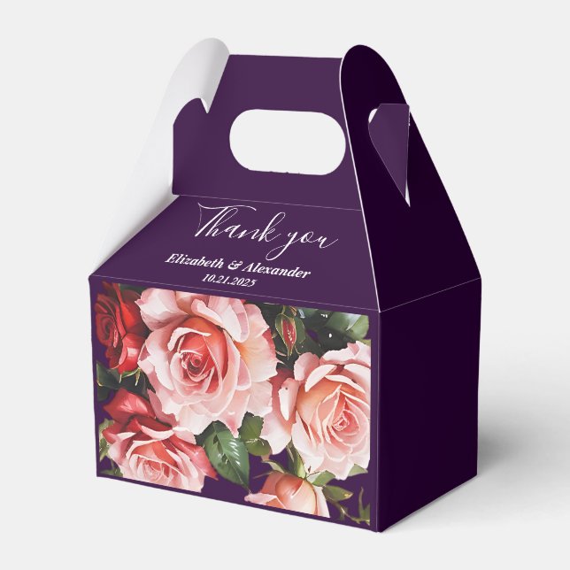 Dark moody pink and red roses purple wedding  favor boxes (Front Side)