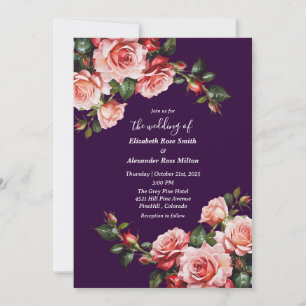 Dark moody pink and red roses purple wedding invitation