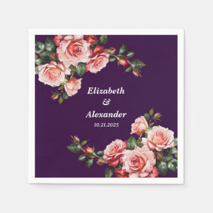 Dark moody pink and red roses purple wedding napkins