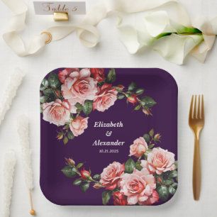 Dark moody pink and red roses purple wedding paper plates