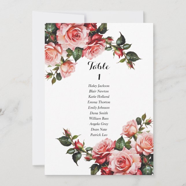 Dark moody pink and red roses seating chart card (Front)