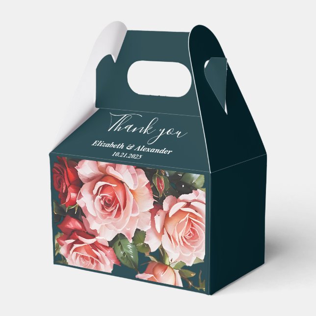 Dark moody pink and red roses teal wedding  favor boxes (Front Side)