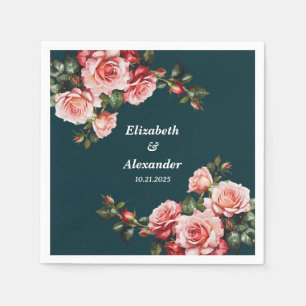 Dark moody pink and red roses teal wedding napkins