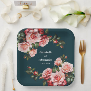 Dark moody pink and red roses teal wedding paper plates
