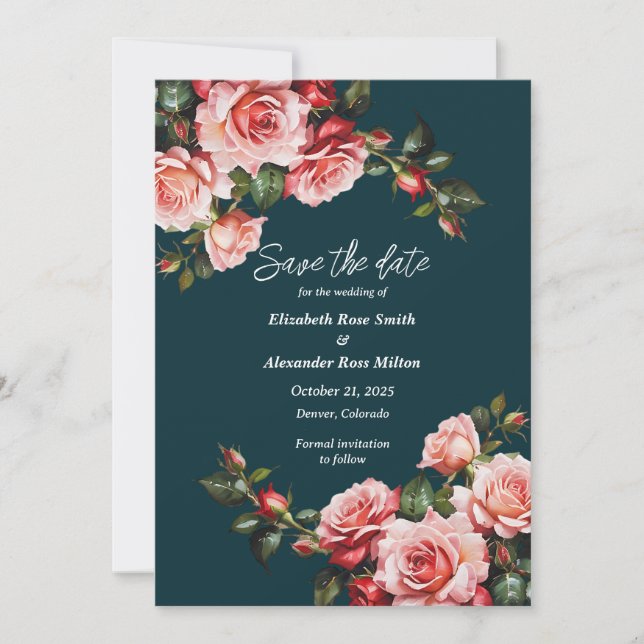Dark moody pink and red roses teal wedding save the date (Front)