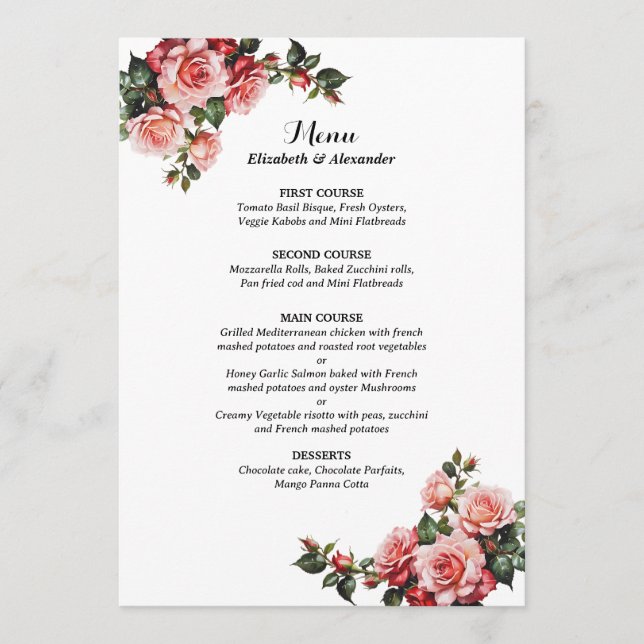 Dark moody pink and red roses wedding menu (Front)
