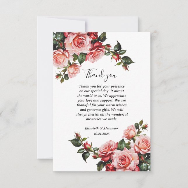 Dark moody pink and red roses wedding thank you card (Front)