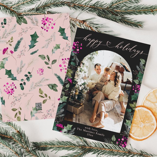 Dark Moody Pink Botanicals Arch Photo  Holiday Card (Creator Uploaded)