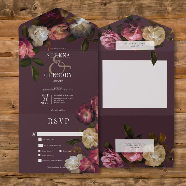 Dark Moody Pink Burgundy & Cream Peonies Dinner All In One Invitation (Dark Moody Pink Burgundy & Cream Peonies All In One Wedding Invitation with Dinner Options)